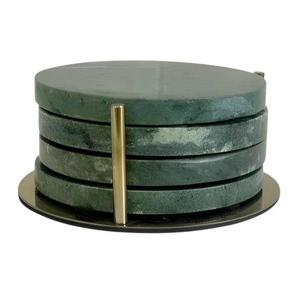 Set 4 Round Green Marble Terrazo Coasters In Gold Stand Holder
