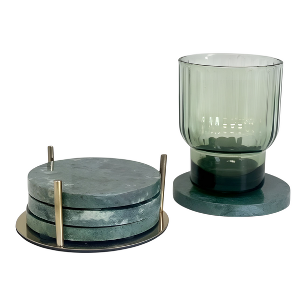 Set 4 Round Green Marble Terrazo Coasters In Gold Stand Holder