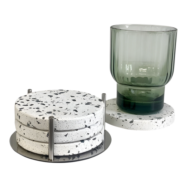 Set 4 Round White Marble Terrazo Coasters In Silver Stand Holder