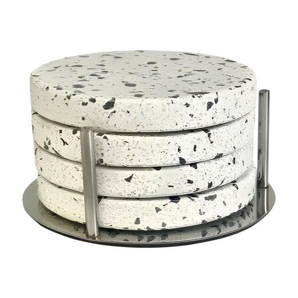 Set 4 Round White Marble Terrazo Coasters In Silver Stand Holder