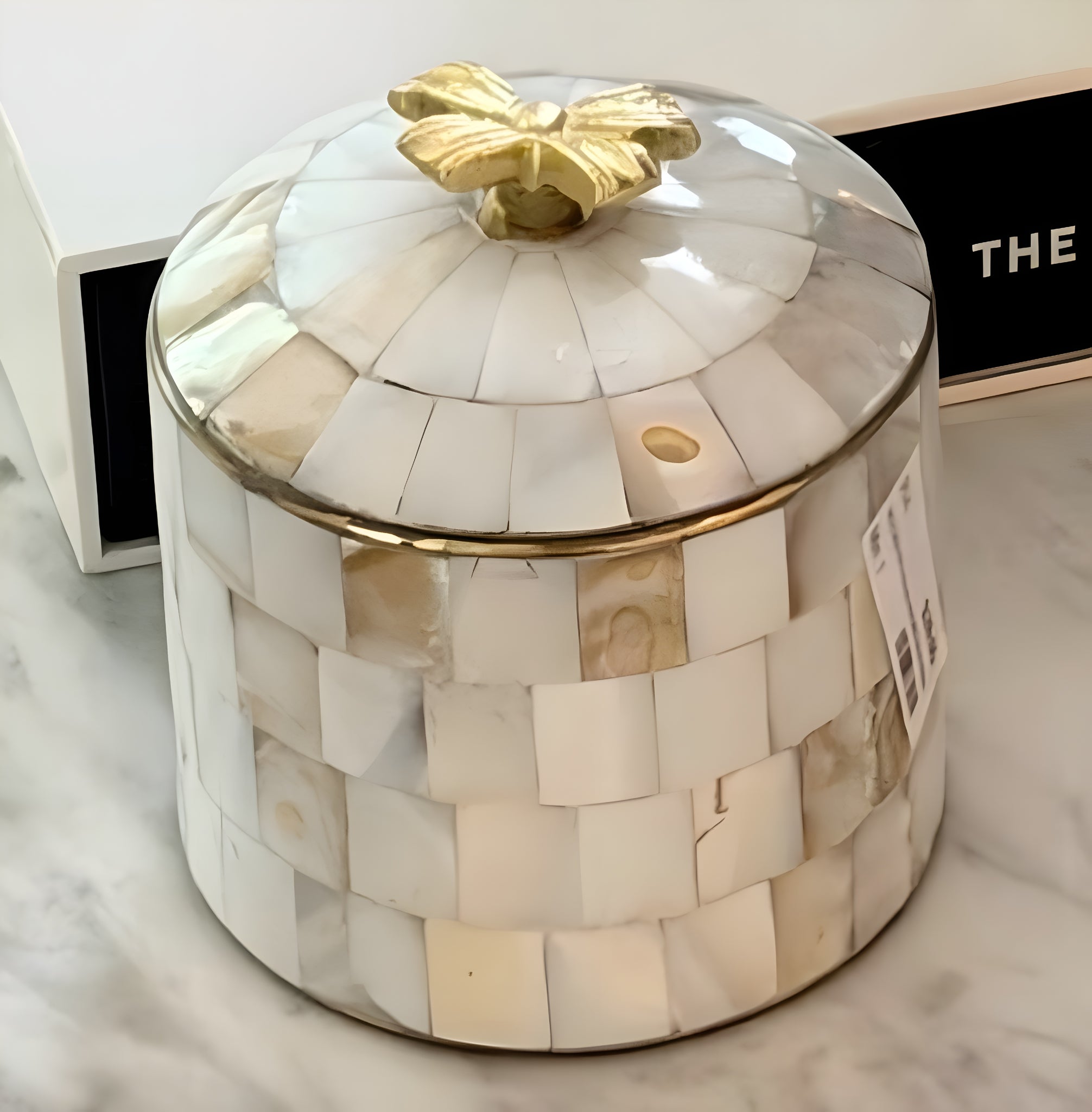 Mother of Pearl Round Decorative Tabletop Box & Gold Bow