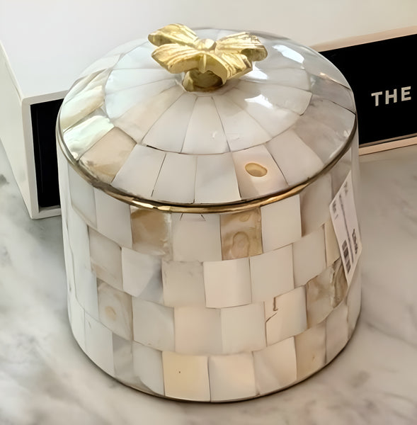 Mother of Pearl Round Decorative Tabletop Box & Gold Bow