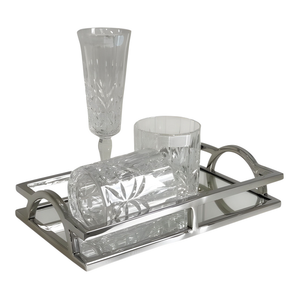 Silver Plated Rectangle Decorative Deluxe Vanity Mirror Tray with Arch Handles