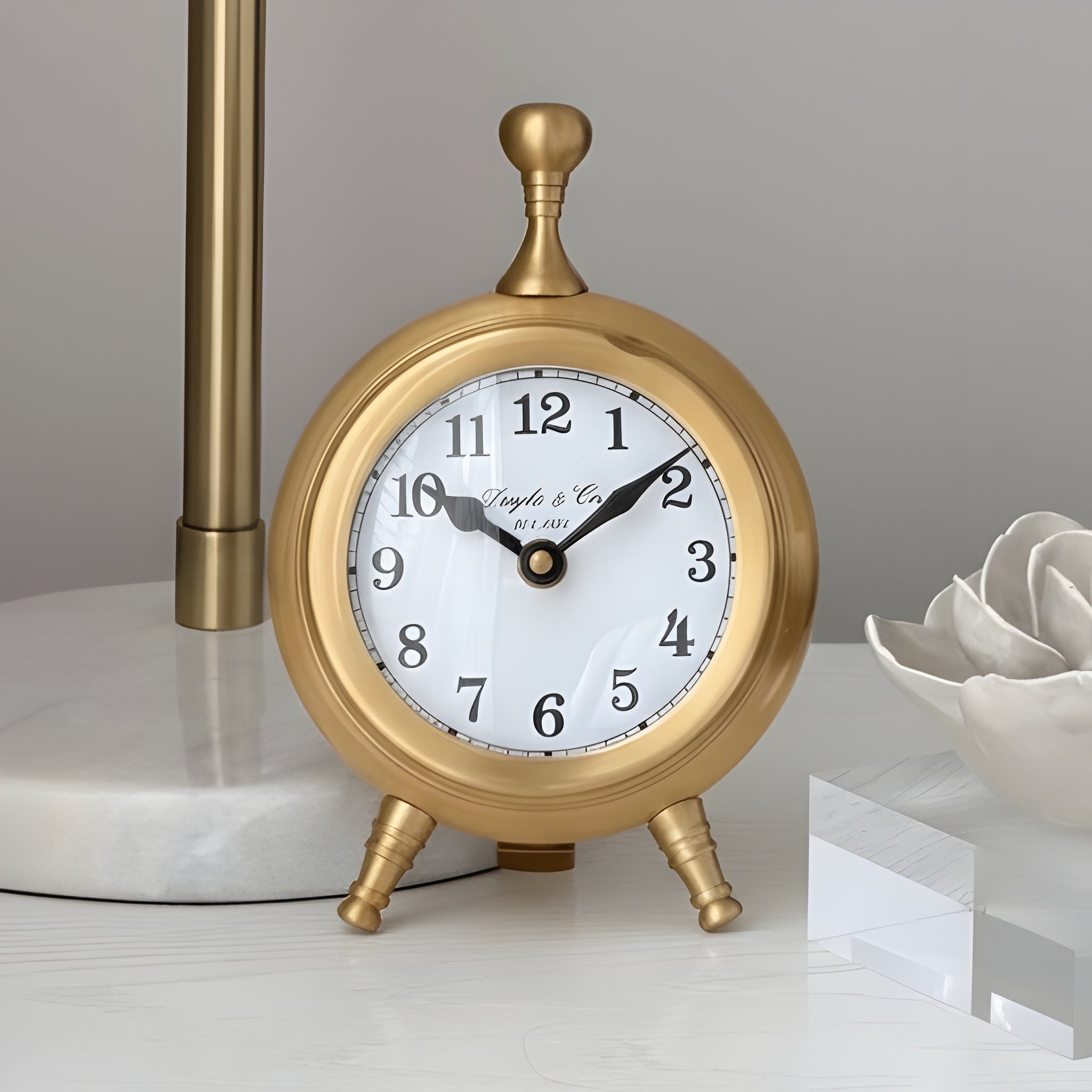 Gold Plated Round Mantel Clock On Footed Stand