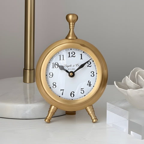 Gold Plated Round Mantel Clock On Footed Stand