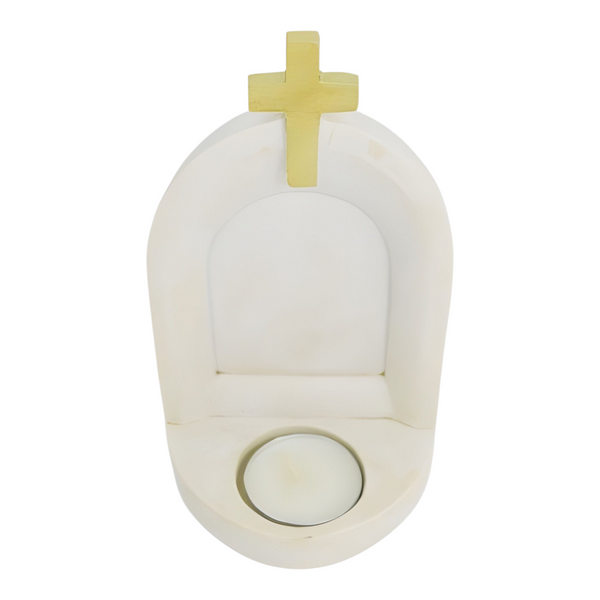 Ivory Small Rustic Tealight Candle Holder Religious Altar & Gold Cross