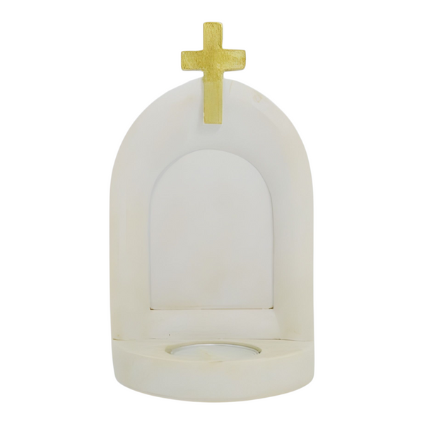 Ivory Small Rustic Tealight Candle Holder Religious Altar & Gold Cross