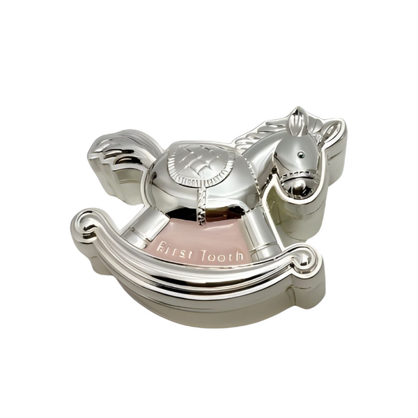 Set 2 Pink & Silver Rocking Horse First Tooth & Curl Baby Keepsake In Satin Gift Box