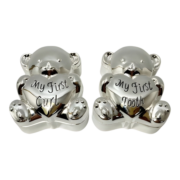 Set 2 Silver Teddy Bear Holding Love Heart First Tooth & Curl Baby Keepsake In Satin Gift Box