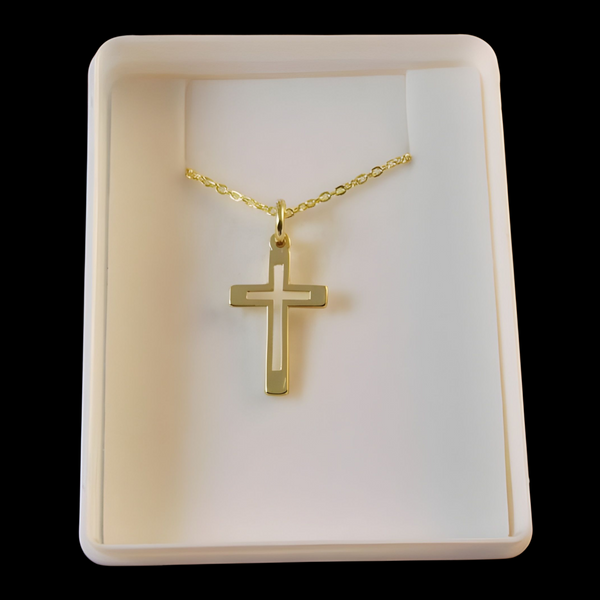 Gold Plated Open Cross Pendant & Necklace Chain In Box