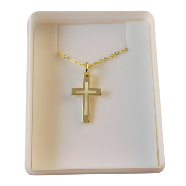 Gold Plated Open Cross Pendant & Necklace Chain In Box