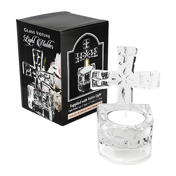 Clear Crystal Cut Glass Religious Cross Tealight Candle Holder/Water Font
