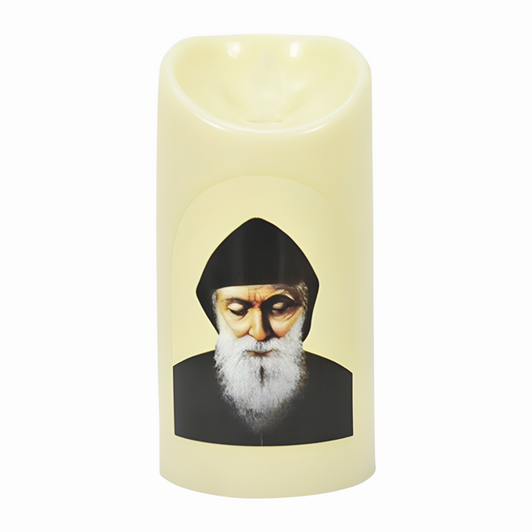 Catholic Saint Charbel LED Light Up Flameless Pillar Swing Candle
