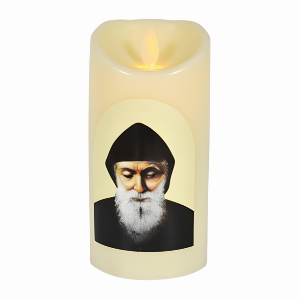 Catholic Saint Charbel LED Light Up Flameless Pillar Swing Candle
