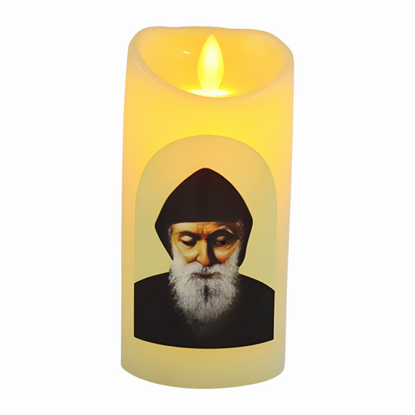 Catholic Saint Charbel LED Light Up Flameless Pillar Swing Candle