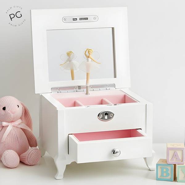 Children's White & Pink Musical Ballerina Jewellery Box with Drawer