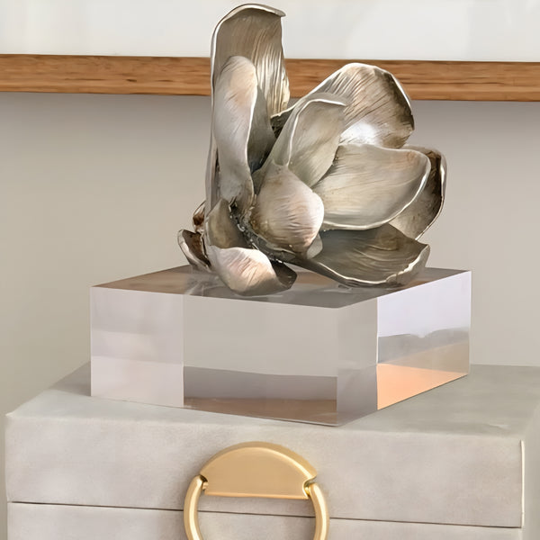 Silver Magnolia Resin Flower On Acrylic Base Decorative Tabletop Ornament