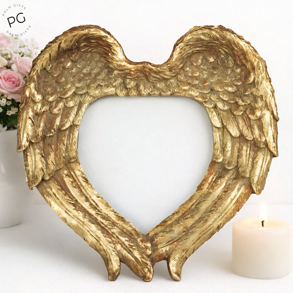 Antique Gold Angel Wings Love Heart Memorial Photo Frame