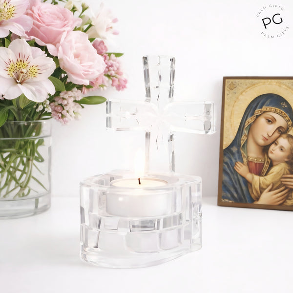Clear Crystal Cut Glass Religious Cross Tealight Candle Holder/Water Font