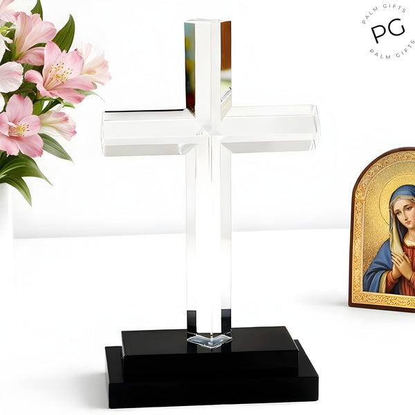Clear Crystal Cut Glass Standing Religious Cross On Black Stand