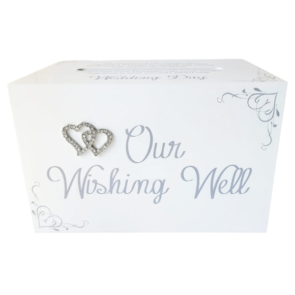White Wooden Rectangle Double Binding Crystal Diamante Love Hearts Wedding Wishing Well Box