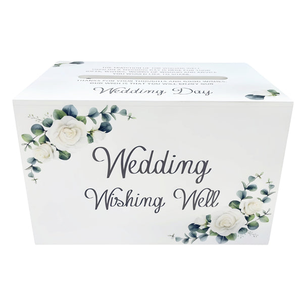 White Wooden Rectangle Floral Design Wedding Wishing Well Box