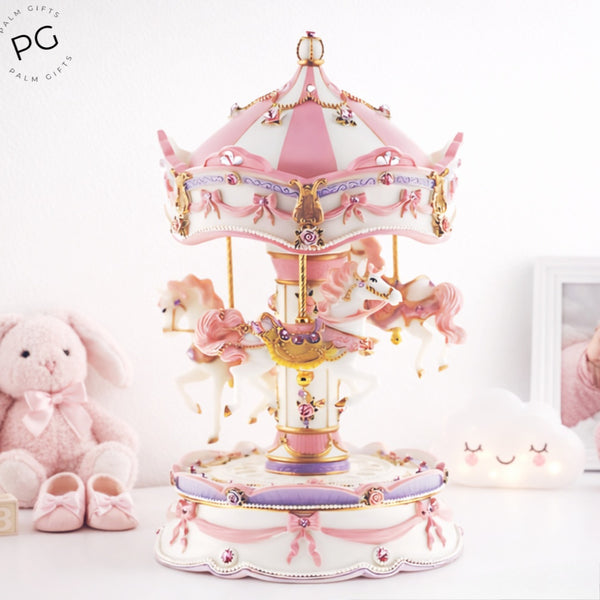 Children's Pink Musical 3 Horse Rotating Carousel Merry Go Round