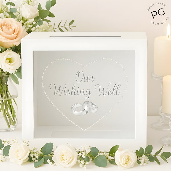 White Wooden Square Love Heart & Double Binding Rings Wedding Wishing Well Box