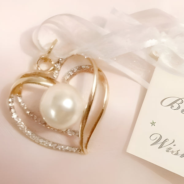 Gold Double Binding Love Hearts with Crystal Diamantes & Pearl Bridal Charm