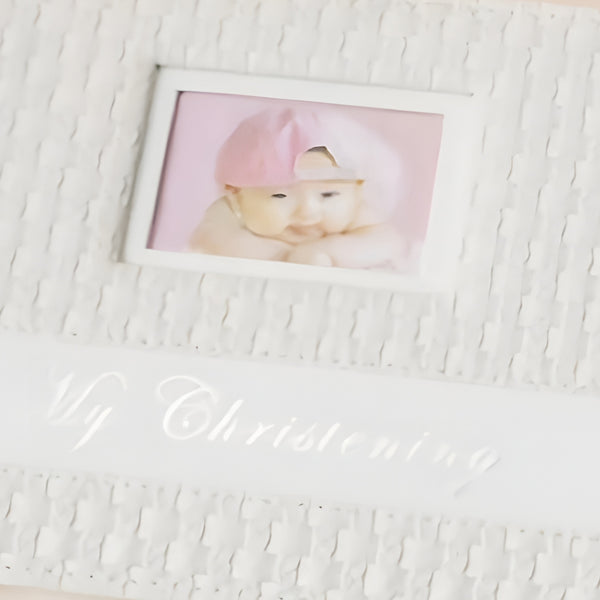 White My Christening Rattan Leather Cover & Frame Guest Book In Gift Box