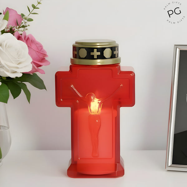 Red Crucifix LED Light Up Flameless Jesus Christ Memorial Cross Candle