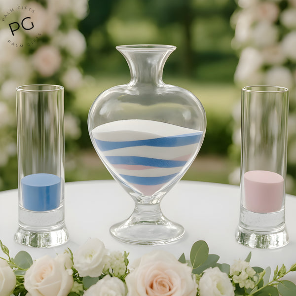 6 Piece Glass Wedding Unity Sand Ceremony Set- 3 Vases & 3 Bags Coloured Sand