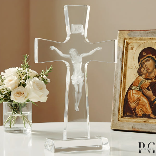 Clear Crystal Cut Glass Laser Etched Crucifix Jesus Christ Standing Religious Cross
