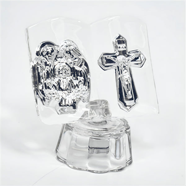 Silver The Holy Family Icon & Cross On Glass Bible Plaque Stand Ornament