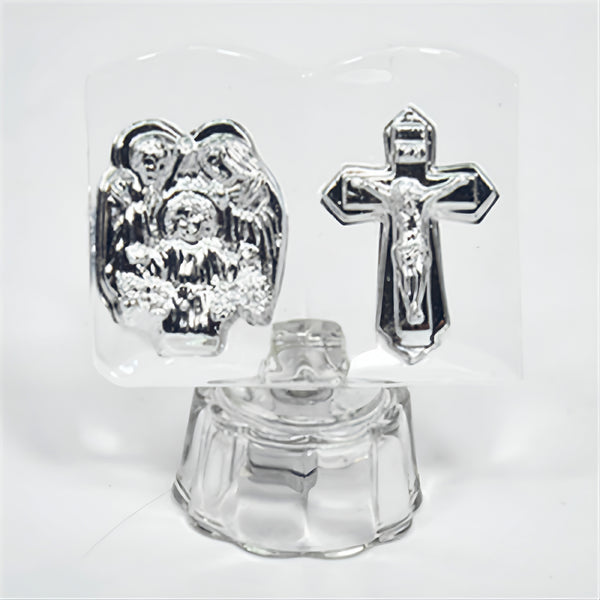 Silver The Holy Family Icon & Cross On Glass Bible Plaque Stand Ornament