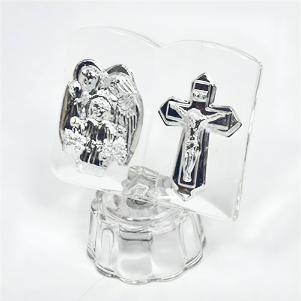 Silver The Holy Family Icon & Cross On Glass Bible Plaque Stand Ornament