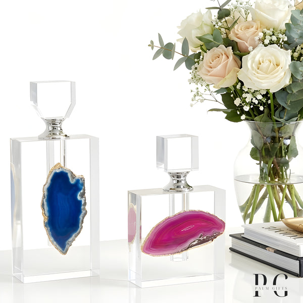 Clear Crystal Cut Glass Blue Agate Slice Vanity Decor Perfume Bottle