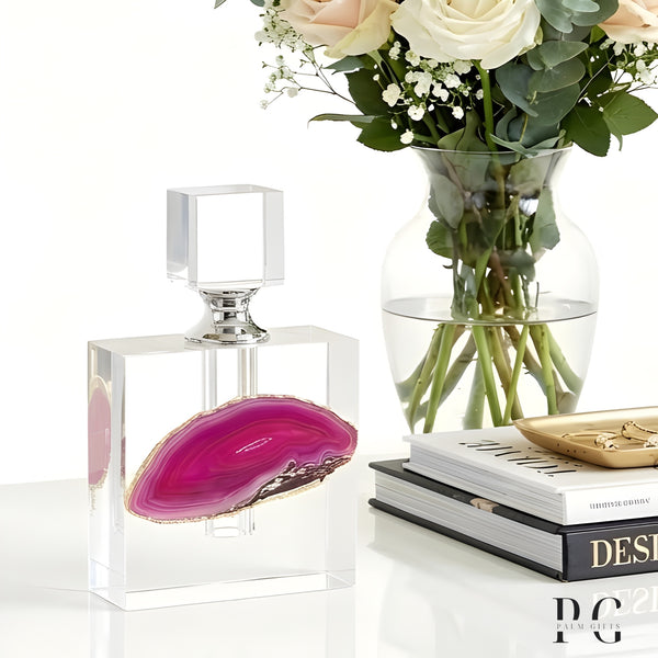 Clear Crystal Cut Glass Blue Agate Slice Vanity Decor Perfume Bottle