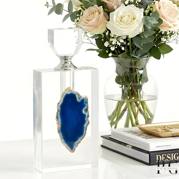 Clear Crystal Cut Glass Blue Agate Slice Vanity Decor Perfume Bottle