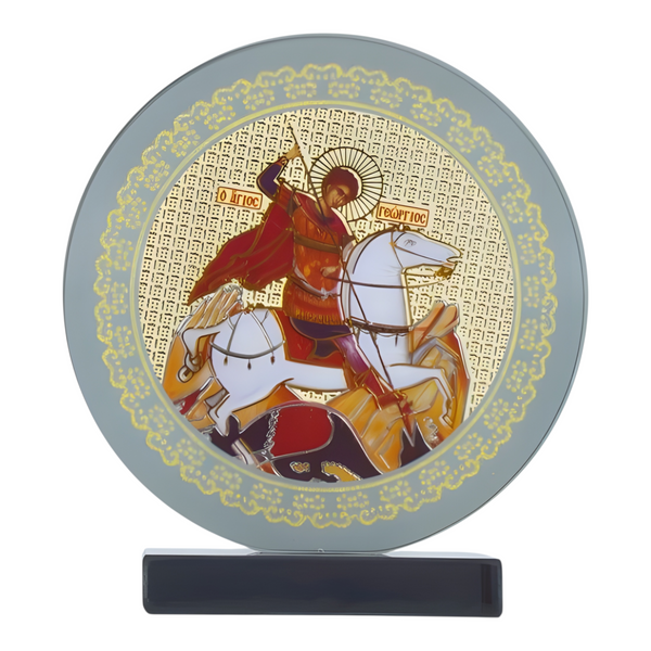 Orthodox Saint George Icon On Round Black Glass Plaque Stand Ornamen