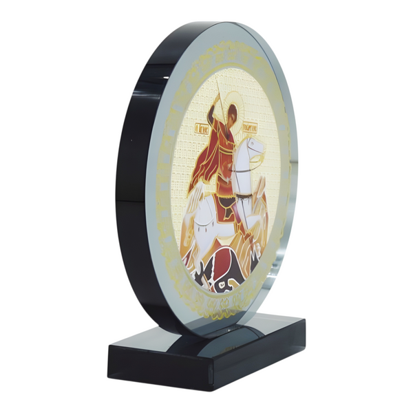 Orthodox Saint George Icon On Round Black Glass Plaque Stand Ornamen