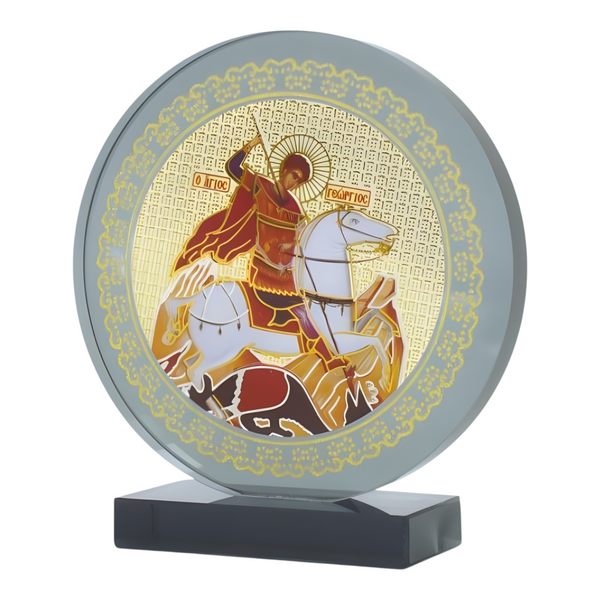 Orthodox Saint George Icon On Round Black Glass Plaque Stand Ornamen