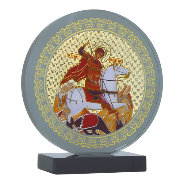 Orthodox Saint George Icon On Round Black Glass Plaque Stand Ornamen