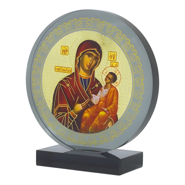 Orthodox Holy Mother Mary & Jesus Icon On Round Black Glass Plaque Stand Ornament