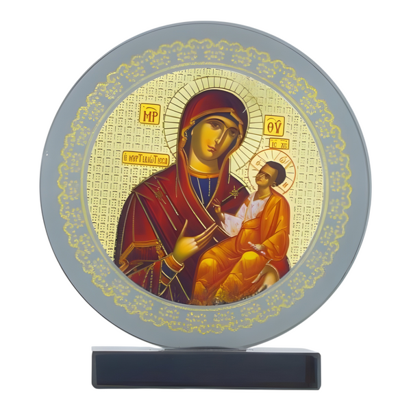 Orthodox Holy Mother Mary & Jesus Icon On Round Black Glass Plaque Stand Ornament