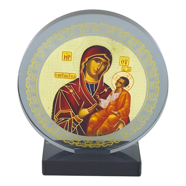Orthodox Holy Mother Mary & Jesus Icon On Round Black Glass Plaque Stand Ornament