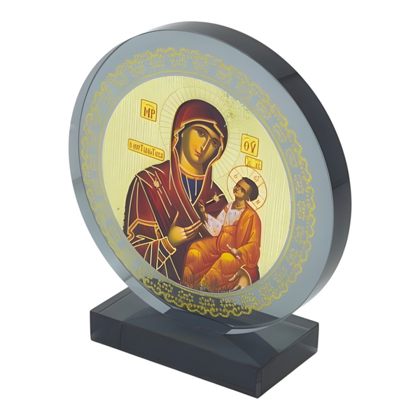Orthodox Holy Mother Mary & Jesus Icon On Round Black Glass Plaque Stand Ornament