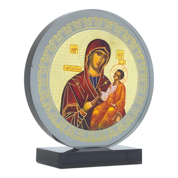 Orthodox Holy Mother Mary & Jesus Icon On Round Black Glass Plaque Stand Ornament