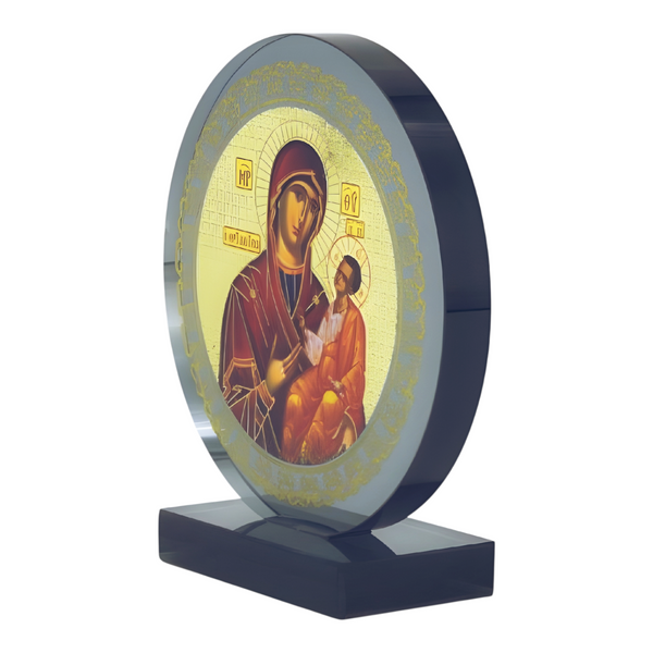Orthodox Holy Mother Mary & Jesus Icon On Round Black Glass Plaque Stand Ornament