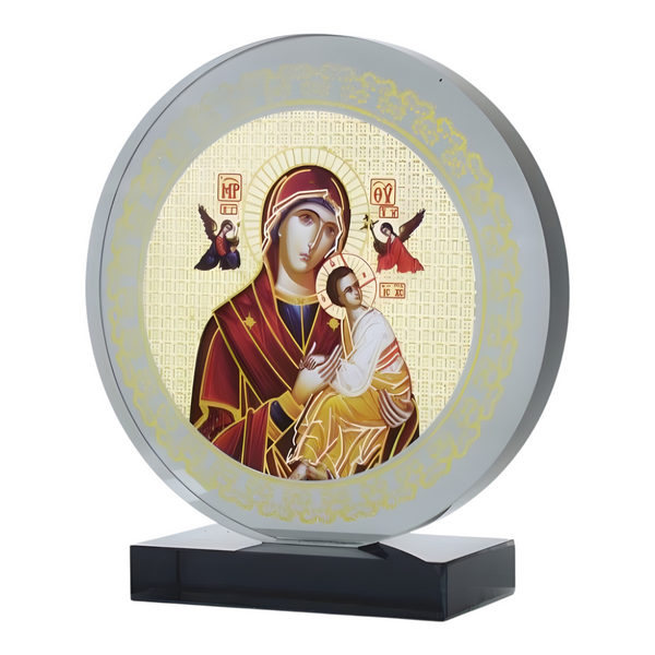 Orthodox Holy Mother Mary & Jesus Icon On Round Black Glass Plaque Stand Ornament